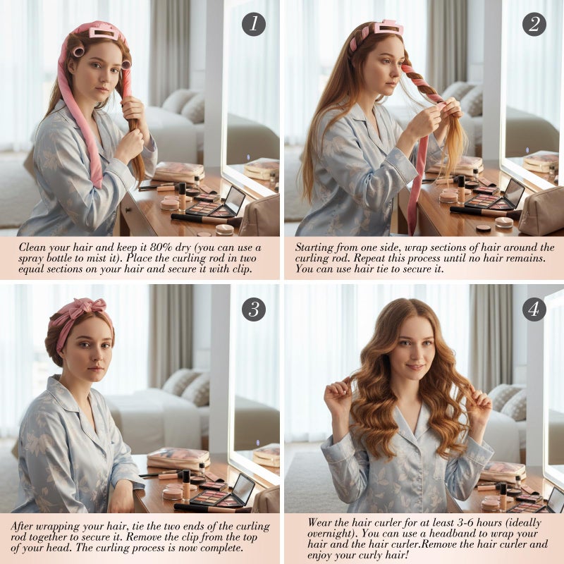 Obeoby Heatless Curls Overnight Set, No Heat Hair Curlers To Sleep In, Hair Rollers with Scrunchies and Clips for Women Long & Short Hair, pink - Image 4