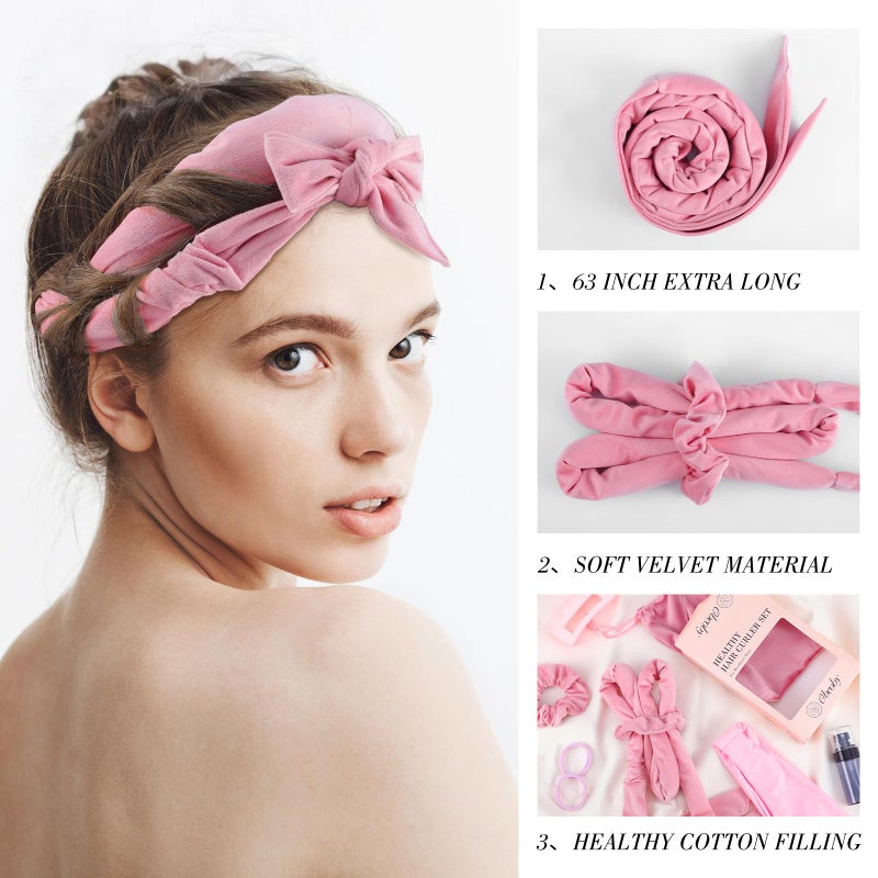 Obeoby Heatless Curls Overnight Set, No Heat Hair Curlers To Sleep In, Hair Rollers with Scrunchies and Clips for Women Long & Short Hair, pink - Image 3