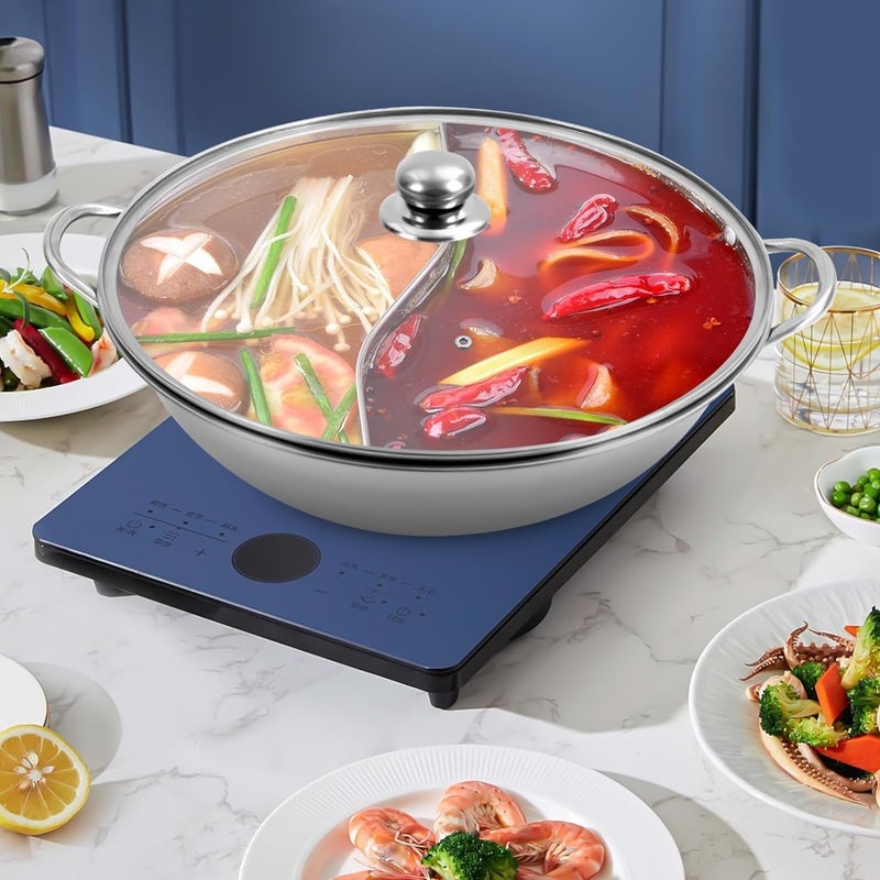 Delavala Delavala Steel Hot Pot with Divider and Glass Lid - Shabu Shabu Set for Induction Cooktop and Gas Stove - Food Grade Stainless Steel Chinese Dual Sided Pot  - Image 1
