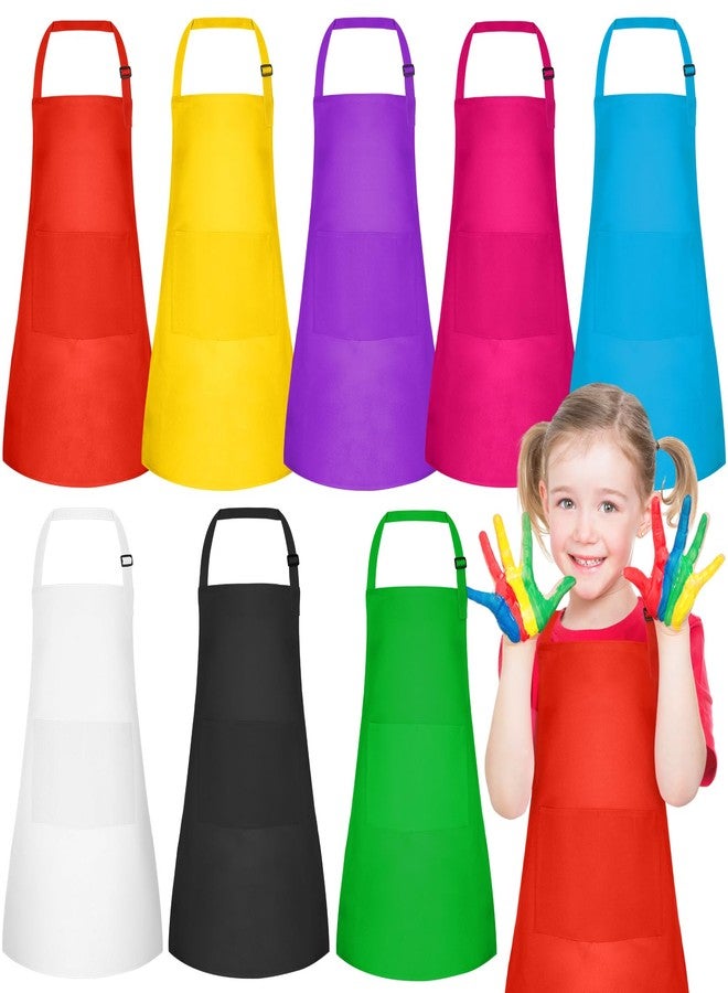 PLULON 8 Pcs Kids Apron Set Adjustable Children Art Aprons with 2 Pockets Artist Apron Bulk for Baking Painting Cooking Activity - 8 Colors - Image 1