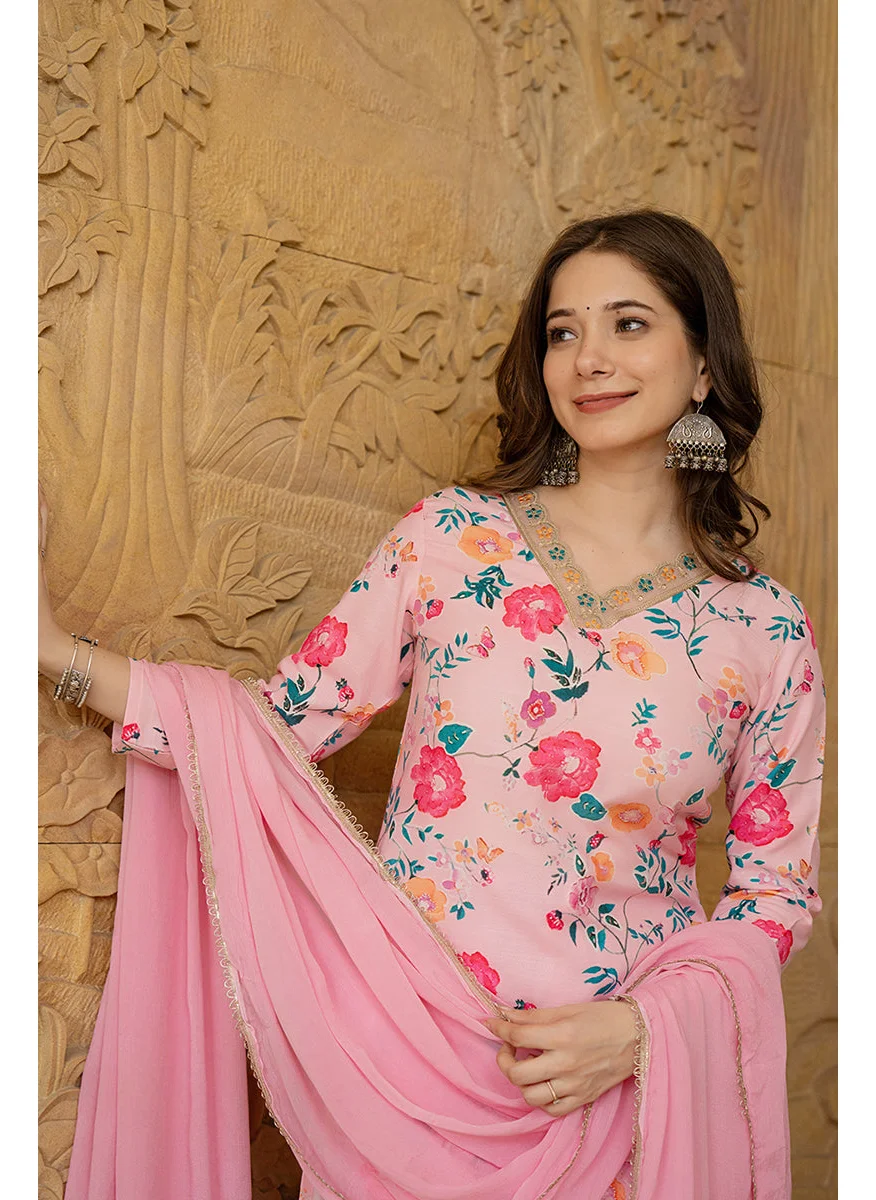 زيري سوق Pink Rayon Blend Floral Printed Straight Kurta Set