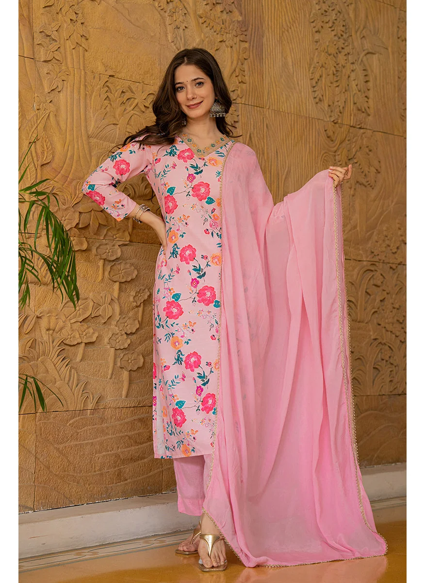 زيري سوق Pink Rayon Blend Floral Printed Straight Kurta Set