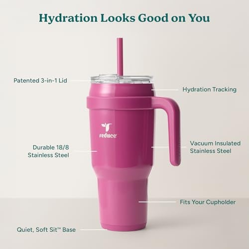 REDUCE 40 oz Stainless Steel Tumbler with Handle - Dual-Wall Vacuum Insulated Travel Mug, Sweat-Proof Lid & Reusable Straw - Keeps Drinks Cold for 24 Hrs, Fits Cupholders, Dishwasher Safe - Sangria - Image 4