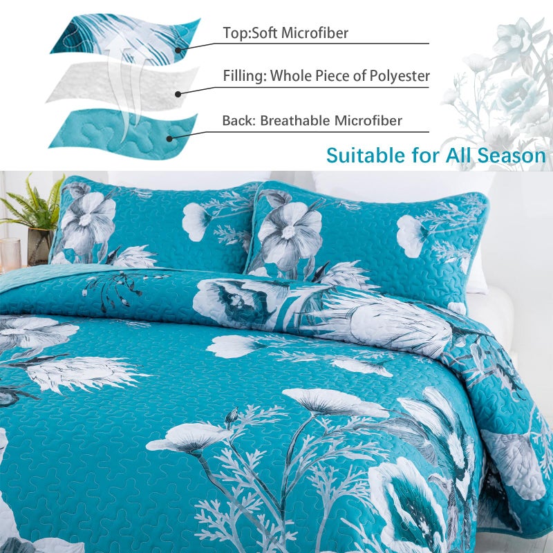 Drucon Floral Quilt Set Queen 3 Pieces Teal Blue Floral Quilt Coverlet Set Soft Microfiber Lightweight Teal Blue Quilted Bedspread for All Season 90""x96"" - Image 5