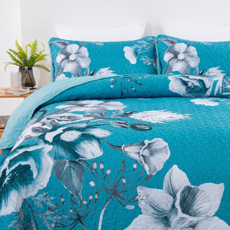 Drucon Floral Quilt Set Queen 3 Pieces Teal Blue Floral Quilt Coverlet Set Soft Microfiber Lightweight Teal Blue Quilted Bedspread for All Season 90""x96"" - Image 4