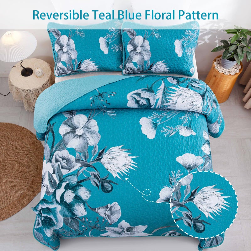 Drucon Floral Quilt Set Queen 3 Pieces Teal Blue Floral Quilt Coverlet Set Soft Microfiber Lightweight Teal Blue Quilted Bedspread for All Season 90""x96"" - Image 3