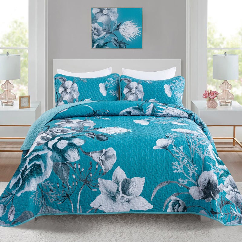 Drucon Floral Quilt Set Queen 3 Pieces Teal Blue Floral Quilt Coverlet Set Soft Microfiber Lightweight Teal Blue Quilted Bedspread for All Season 90""x96"" - Image 1