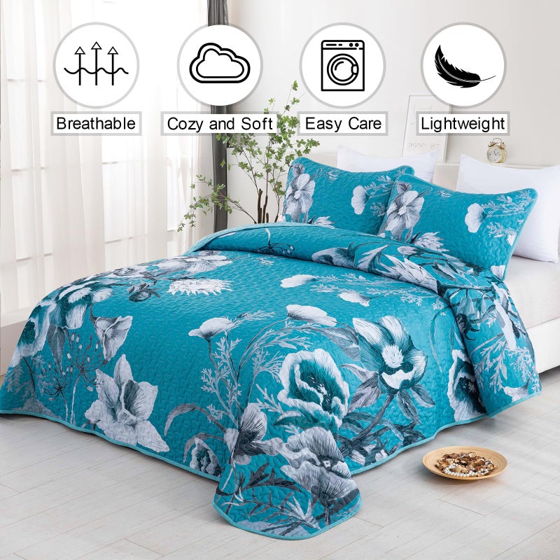 Drucon Floral Quilt Set Queen 3 Pieces Teal Blue Floral Quilt Coverlet Set Soft Microfiber Lightweight Teal Blue Quilted Bedspread for All Season 90""x96"" - Image 2
