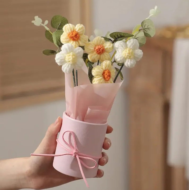 VRB Dec 1pcs Artificial Crochet Flower Bouquet/Artificial Flowers Bunch/Crochet flowers bouquet/Crochet flowers/Flowers Bouquet Gift for Girls Home Decor,gifting,etc. (Yellow Daisy Bouquet/) - Image 1