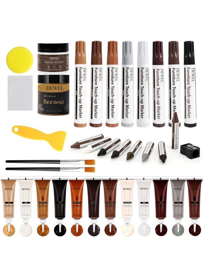 DEWEL Wood Furniture Repair Kit, New Upgrade Wood Fillers, Furniture Touch Up Markers, Wax Sticks, Wood Putty with Beeswax for Cracks, Wood Hole, Scratches, Floor, Table, Door - Image 1
