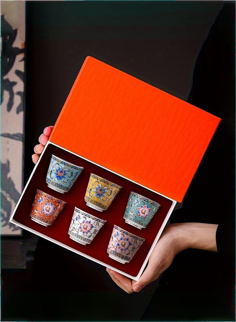 6 أكواب شاي من السيراميك مع علبة هدايا طقم أكواب قهوة أنيقة من البورسلين المصنوع من المينا الزهرية ، فنجان شاي زهور 6 ألوان ، مثالي للاستخدام المنزلي والمكتب والمطعم - Image 1