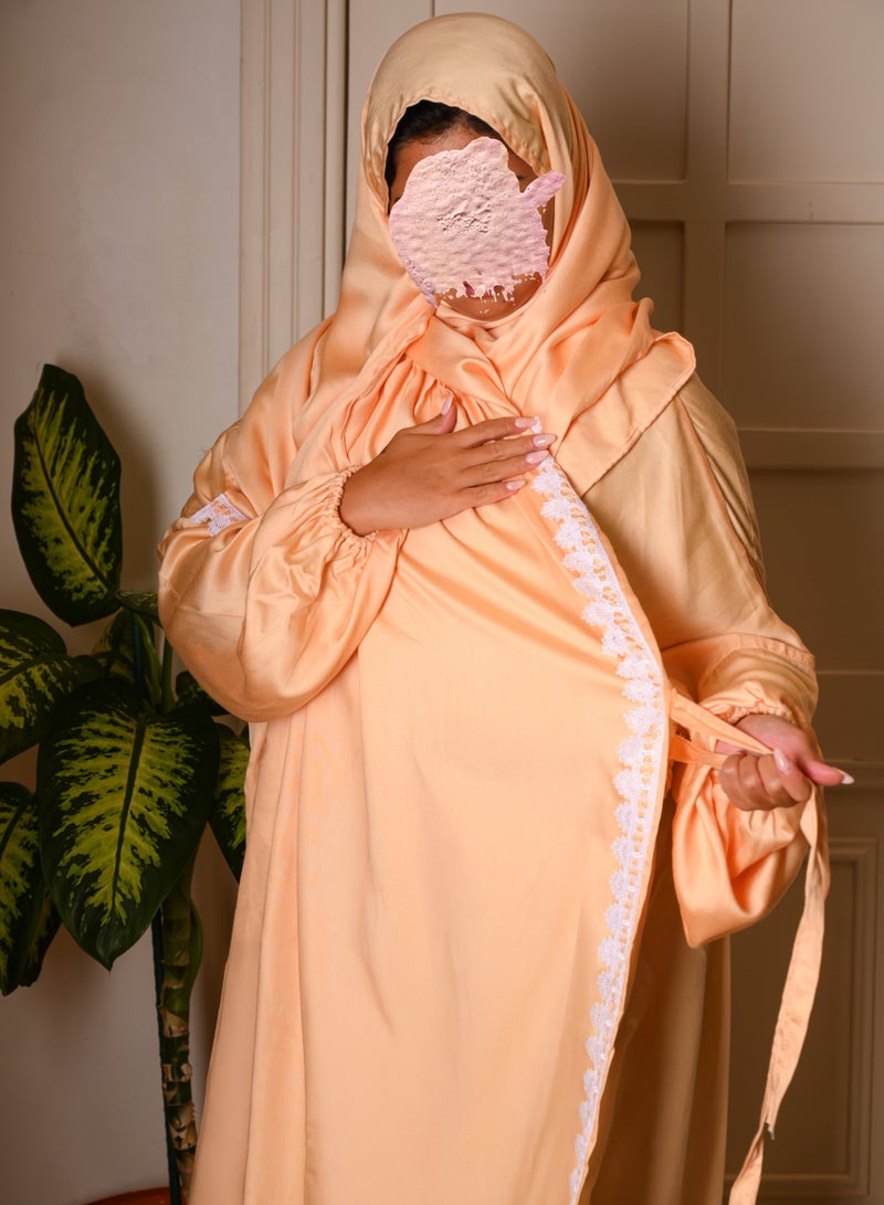 فرزدق شرشف صلاة نسائي (بخياطة منزلية دقيقة) لون خربزي واسع و مريح خامة باردة ( مرد ) - Image 3