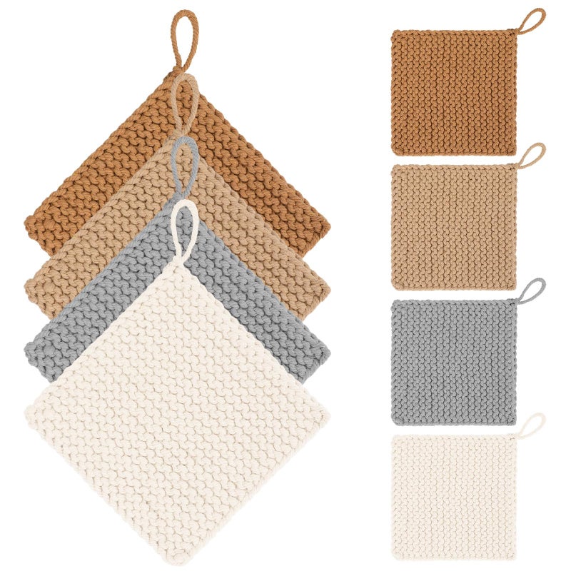 Breling 8" Thick Crocheted Pot Holders Neutral Square Cotton Woven Coasters Hot Pads Heat Resistant Handmade Place Mats for Home Dining for Tea Cups, Pots, Drinks and Hot Dishes - Image 1