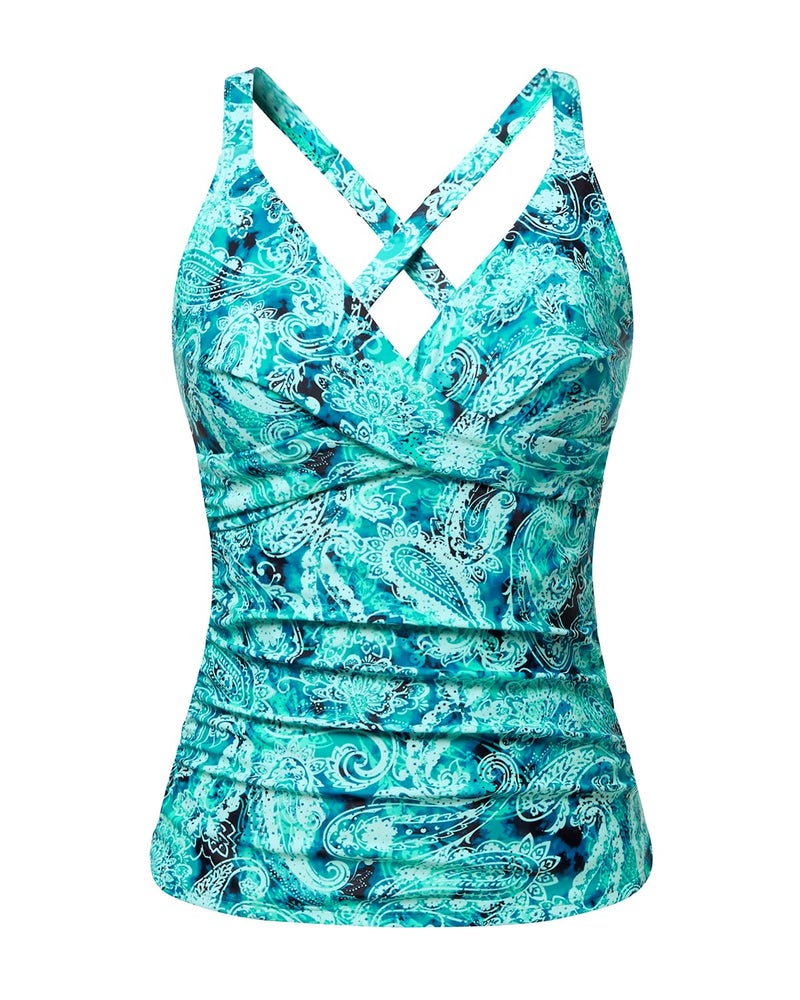 Tempt Me Women Underwire Tankini Top Only - Twist Front V Neck Bathing Suit Swim Top Tummy Control Cross Swimsuit 2026 Green Paisley XXL - Image 1