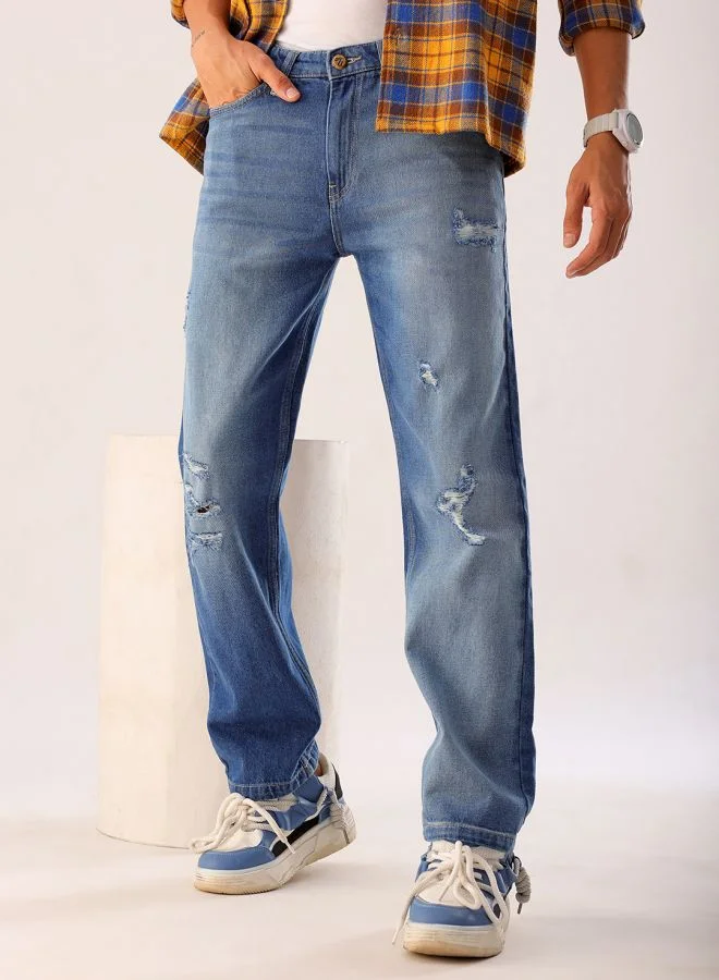 شركة المرآب الهندية Men Vintage Straight Fit Distressed Mid-Rise Jeans