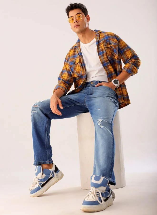 شركة المرآب الهندية Men Vintage Straight Fit Distressed Mid-Rise Jeans
