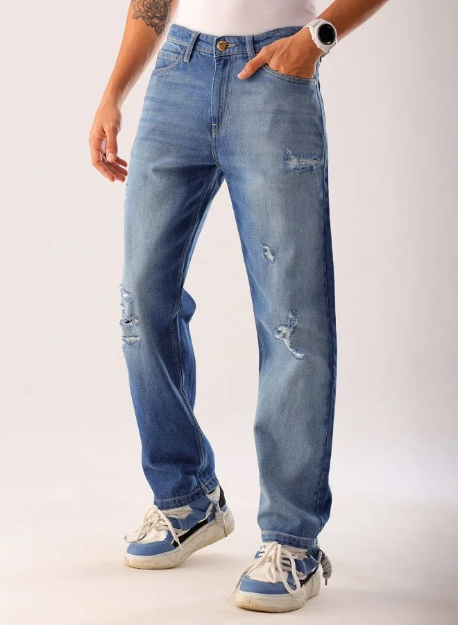 شركة المرآب الهندية Men Vintage Straight Fit Distressed Mid-Rise Jeans