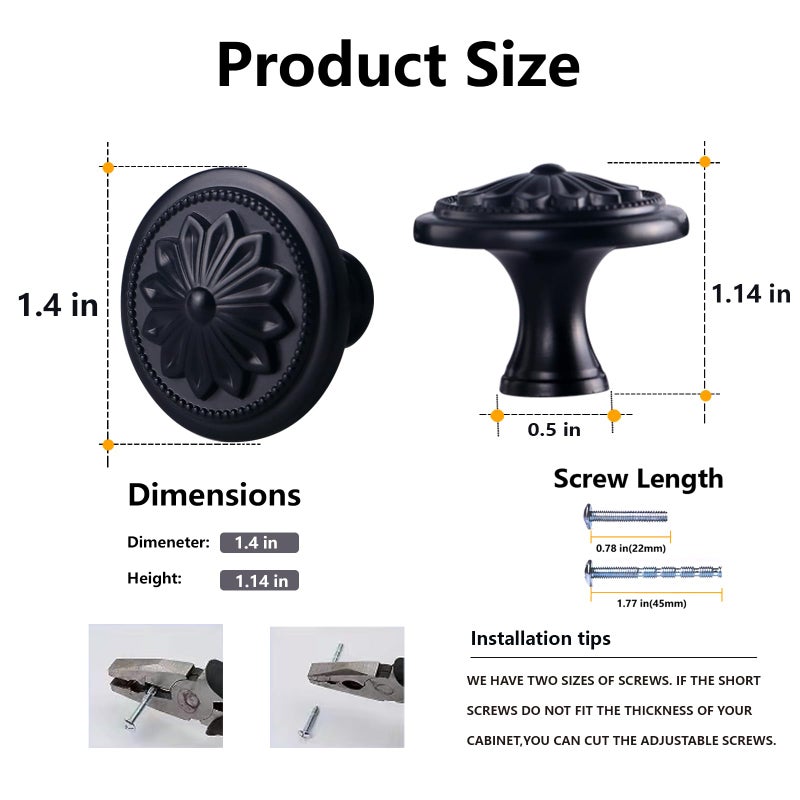 Xlroaafs Kitchen Cabinet Knobs, 10 Pack Matte Black Zinc Alloy, 1-2/5'' Round Handles for Cabinets and Drawers Dresser, Included Screws - Image 2