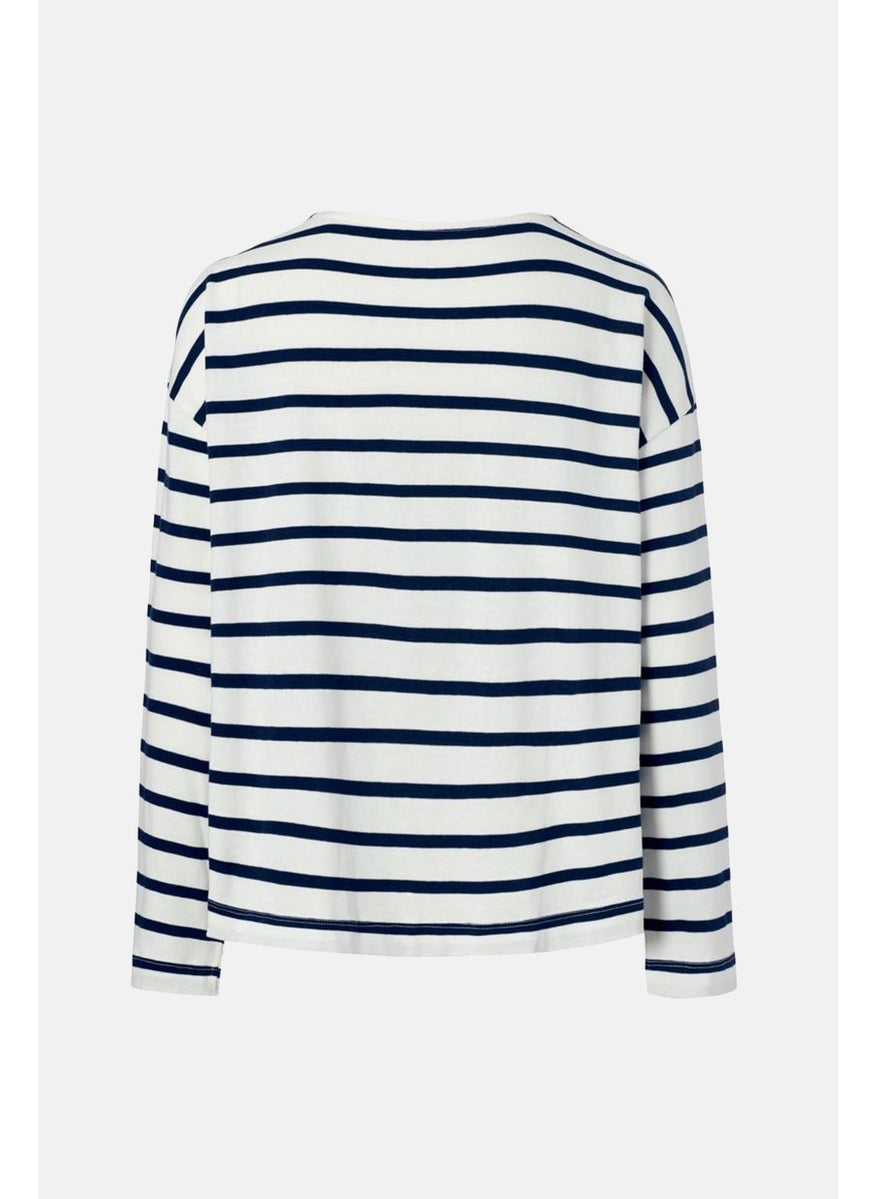 Tchibo Women Round Neck Long Sleeve Striped Sweatshirt, White and Blue  - Image 2