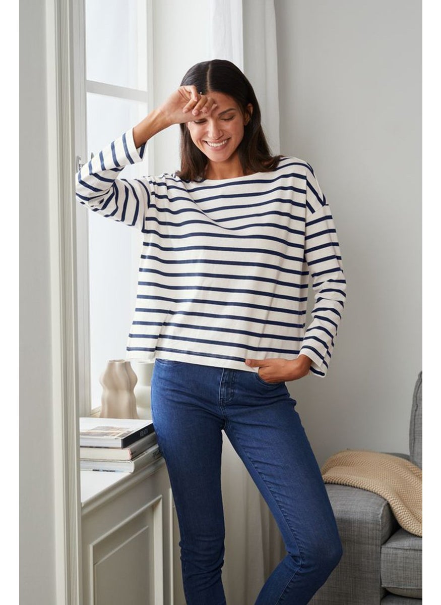 Tchibo Women Round Neck Long Sleeve Striped Sweatshirt, White and Blue  - Image 1
