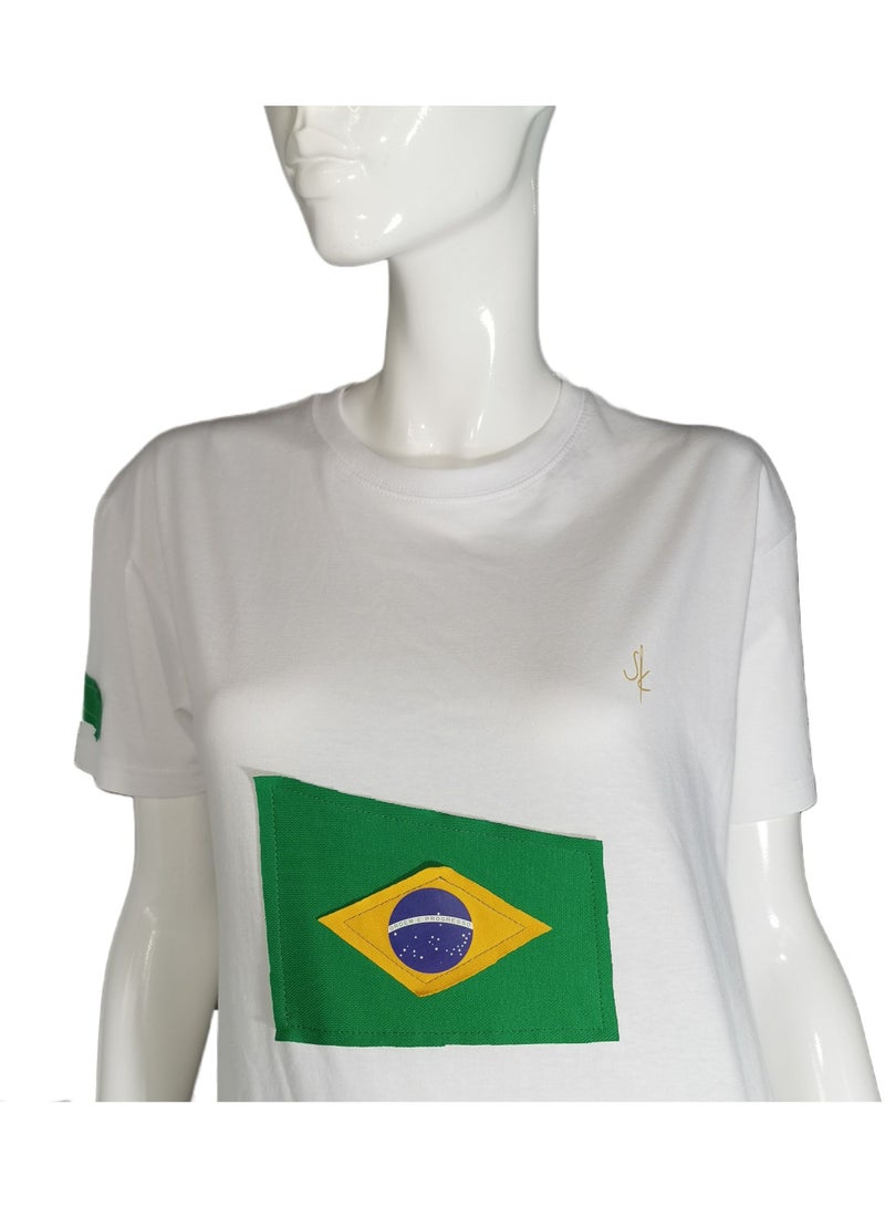 Sana'a Kayum White Basic T- Shirts with Brazil Football Team Flag Applique - Image 2