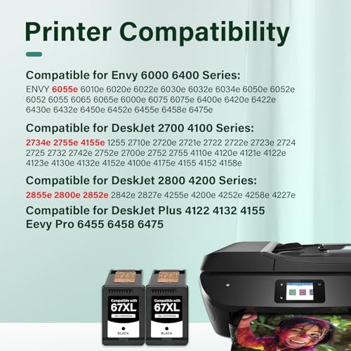 Cool Toner 67XL 67 XL Black Ink Cartridges 6055e 2800e Ink for HP67XL Compatible for HP 2700 2800 6000 Series Printers DeskJet 2755e 2855e 4155e 4255e Envy 6400 6455e 6458e (2-Pack) - Image 2