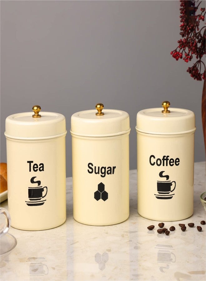 dudki Quoted Stainless Steel Round Canister/Kitchen Storage For Tea Coffee Sugar Pack Of 3 (Ivory) - Image 1