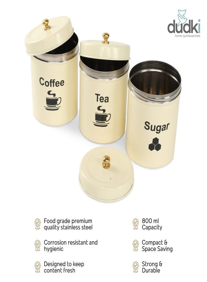 dudki Quoted Stainless Steel Round Canister/Kitchen Storage For Tea Coffee Sugar Pack Of 3 (Ivory) - Image 5