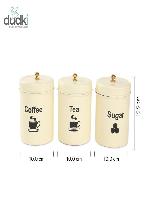 dudki Quoted Stainless Steel Round Canister/Kitchen Storage For Tea Coffee Sugar Pack Of 3 (Ivory) - Image 2