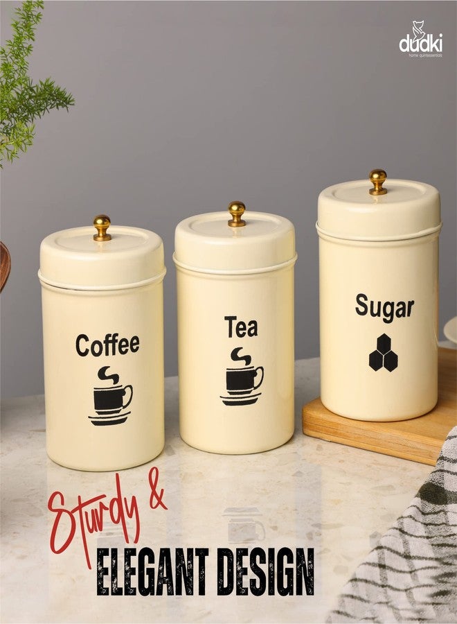 dudki Quoted Stainless Steel Round Canister/Kitchen Storage For Tea Coffee Sugar Pack Of 3 (Ivory) - Image 3