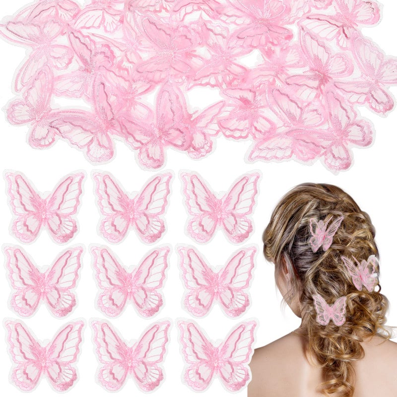 Canlierr 30 Pieces Butterfly Lace Trims Organza Decorative Patches Embroidered Butterfly Embellishments for DIY Crafts Bridal Headdress Hair Accessories Pink