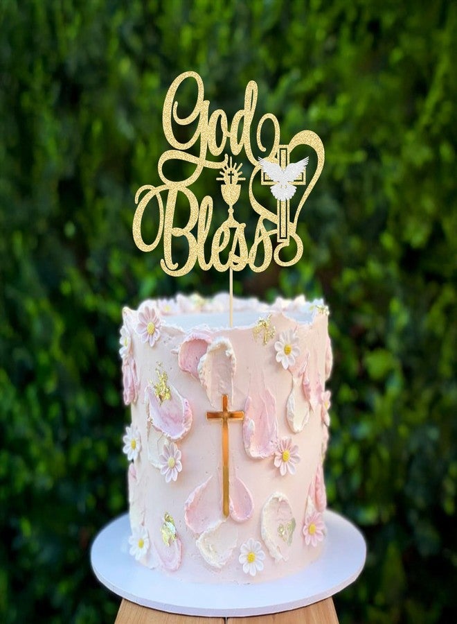 Ephlyn 1Pcs God Bless Cake Topper Glitter Dove Cross Christening First Communion Cake Pick Baptism Cake Decorations for Religious Theme Party Baby Shower Birthday Party Supplies Gold - Image 4