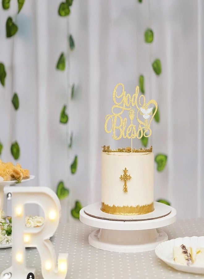 Ephlyn 1Pcs God Bless Cake Topper Glitter Dove Cross Christening First Communion Cake Pick Baptism Cake Decorations for Religious Theme Party Baby Shower Birthday Party Supplies Gold - Image 3
