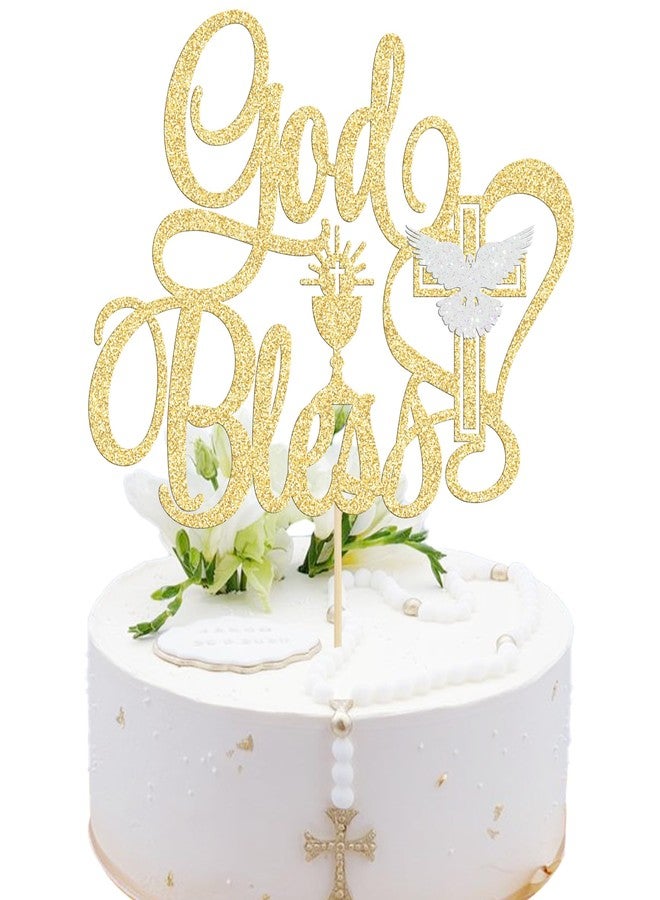 Ephlyn 1Pcs God Bless Cake Topper Glitter Dove Cross Christening First Communion Cake Pick Baptism Cake Decorations for Religious Theme Party Baby Shower Birthday Party Supplies Gold - Image 1