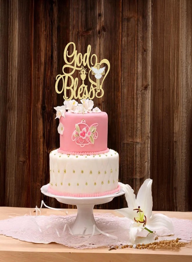 Ephlyn 1Pcs God Bless Cake Topper Glitter Dove Cross Christening First Communion Cake Pick Baptism Cake Decorations for Religious Theme Party Baby Shower Birthday Party Supplies Gold - Image 2