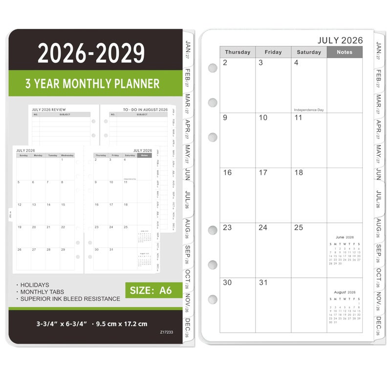 MaaIbok 2026-2029 Monthly Planner Refill - A6 Size, Planner Inserts with 6-Hole Punched, July 2026 - June 2029, Two Pages Per Month, 2026-2029 Monthly Calendar with Tabs - Image 1