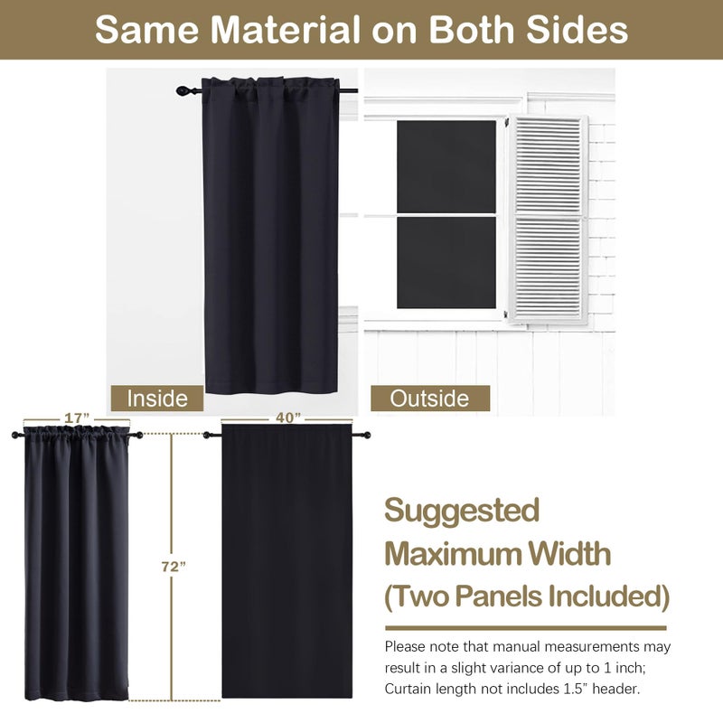 OVZME Black Blackout Curtains for Bedroom 72 Inch Length 2 Panels Set, Solid Thermal Insulated Energy Saving Window Curtains for Living Room, Dual Rod Pocket Window Drapes, Black, 2x40Wx72L Inches - Image 2
