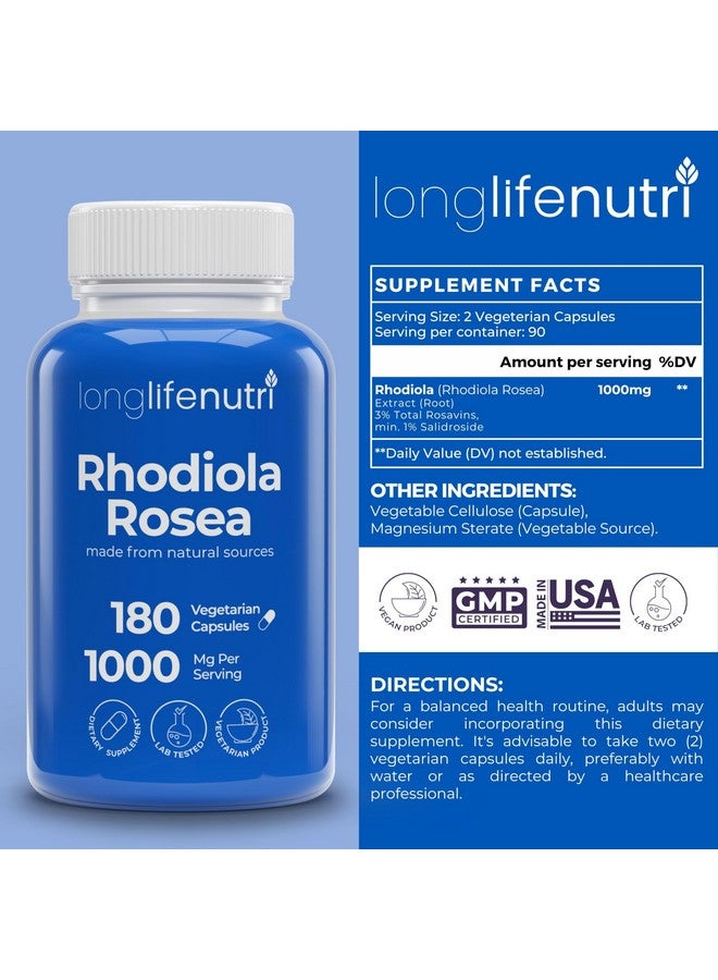 LongLifeNutri Rhodiola Rosea 500mg - 180 Vegetarian Capsules for Mental & Physical Health, Non-GMO, 3-Month Supply, Naturally Sourced & Laboratory Tested, Made in USA - Daily Wellness Supplement - Image 2