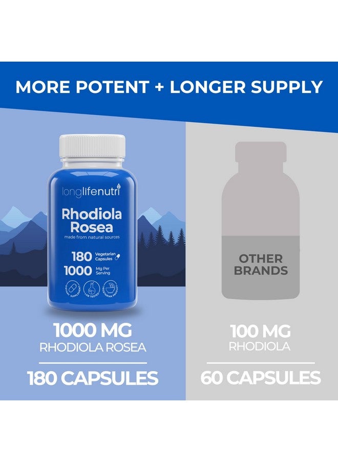 LongLifeNutri Rhodiola Rosea 500mg - 180 Vegetarian Capsules for Mental & Physical Health, Non-GMO, 3-Month Supply, Naturally Sourced & Laboratory Tested, Made in USA - Daily Wellness Supplement - Image 3