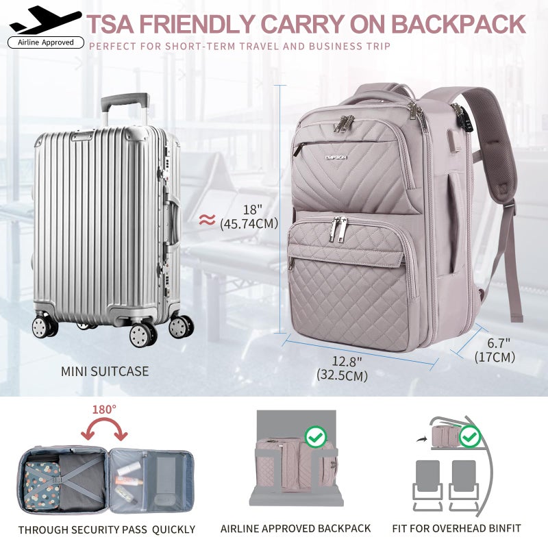EMPSIGN Travel Backpack for Women, Large Carry On Backpack Airline Approved Personal Item Travel Bag, 17 inch TSA Friendly Laptop Backpack with USB Port, Casual Daypack Business Backpack, Grey Pink - Image 2