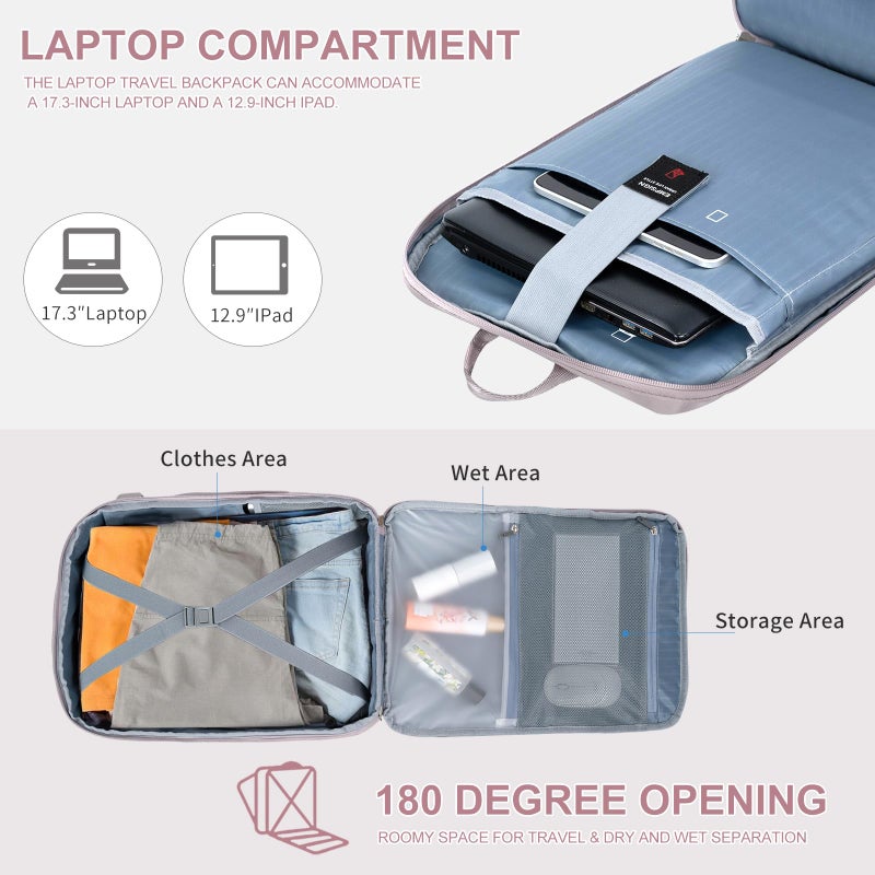 EMPSIGN Travel Backpack for Women, Large Carry On Backpack Airline Approved Personal Item Travel Bag, 17 inch TSA Friendly Laptop Backpack with USB Port, Casual Daypack Business Backpack, Grey Pink - Image 3