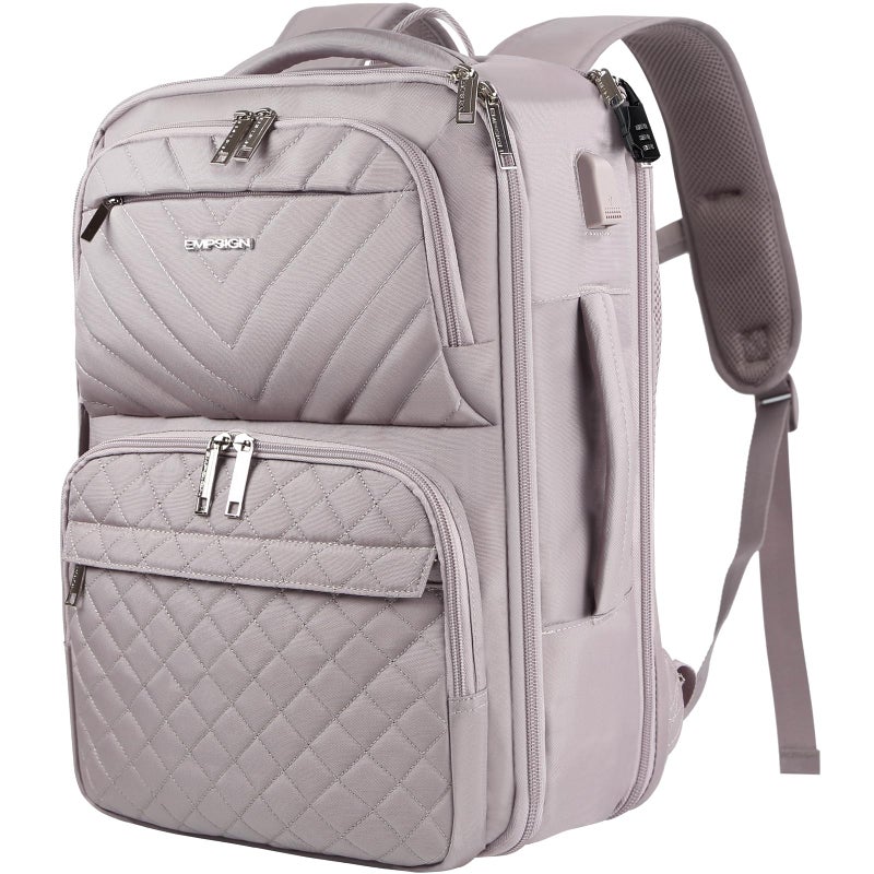 EMPSIGN Travel Backpack for Women, Large Carry On Backpack Airline Approved Personal Item Travel Bag, 17 inch TSA Friendly Laptop Backpack with USB Port, Casual Daypack Business Backpack, Grey Pink - Image 1