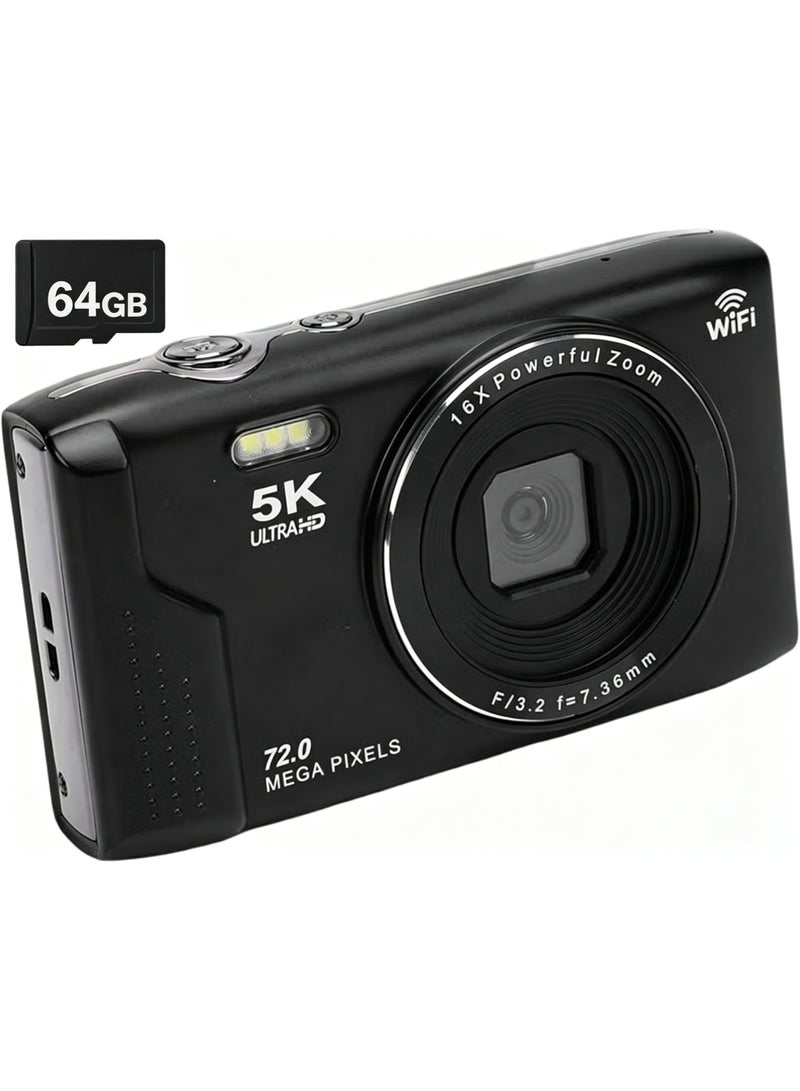 ZONBON 5K Digital Camera 72MP UHD 16X Zoom Autofocus Point Shoot Travel Camera with Flash 2 8 Inch Screen 64GB Black - Image 1