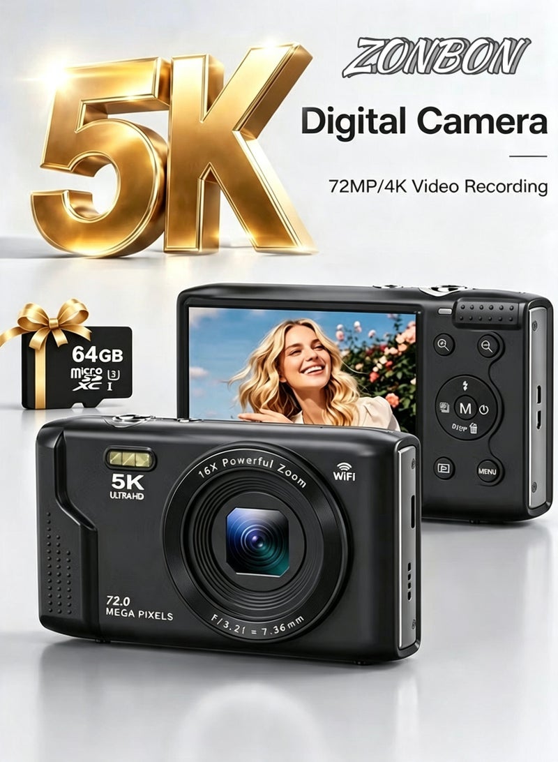 5K Digital Camera 72Mp Uhd 16X Zoom Autofocus Point Shoot Travel Camera With Flash 2 8 Inch Screen 64Gb Black