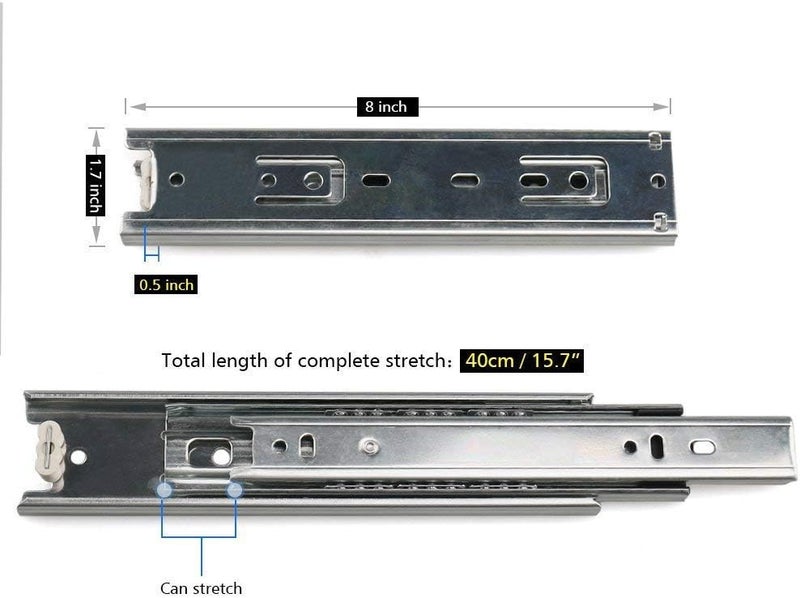 URBEST Drawer Slides, 8 Inch Full Extension 3 Section Ball Bearing Side Mounted Drawer Slider for Cabinet Kitchen (8-Inch) - Image 2