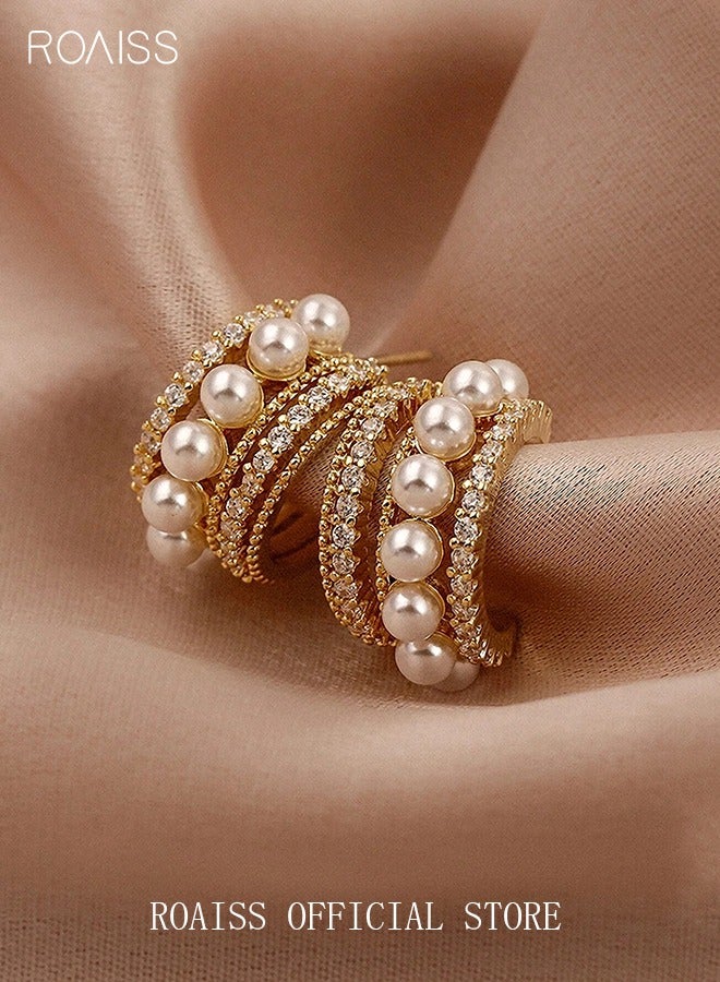 رويس Pearl Hoop Earrings, Luxury Stylish Diamond Ear Studs S925 Silver Needle, C-Shaped Pearl Earrings, Stylish and Elegant Hoop Earrings for Women Girls, Gold - Image 2