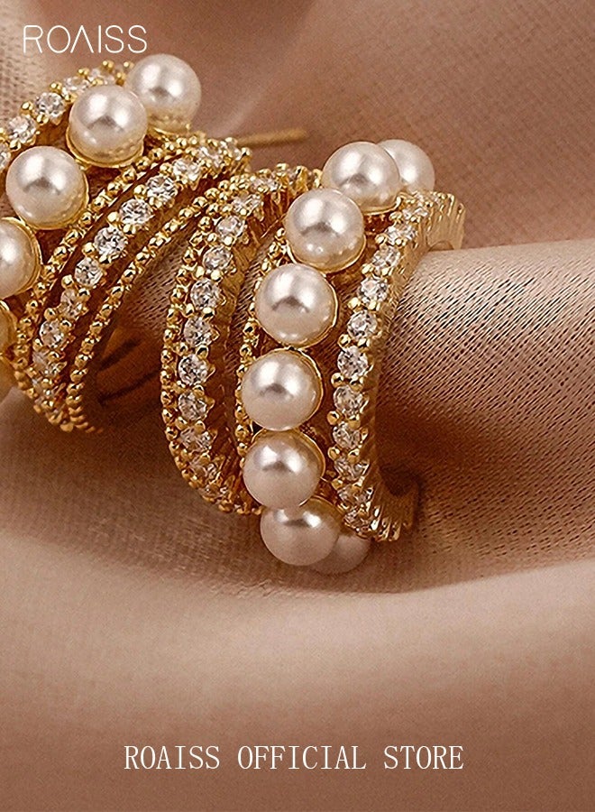 رويس Pearl Hoop Earrings, Luxury Stylish Diamond Ear Studs S925 Silver Needle, C-Shaped Pearl Earrings, Stylish and Elegant Hoop Earrings for Women Girls, Gold - Image 3