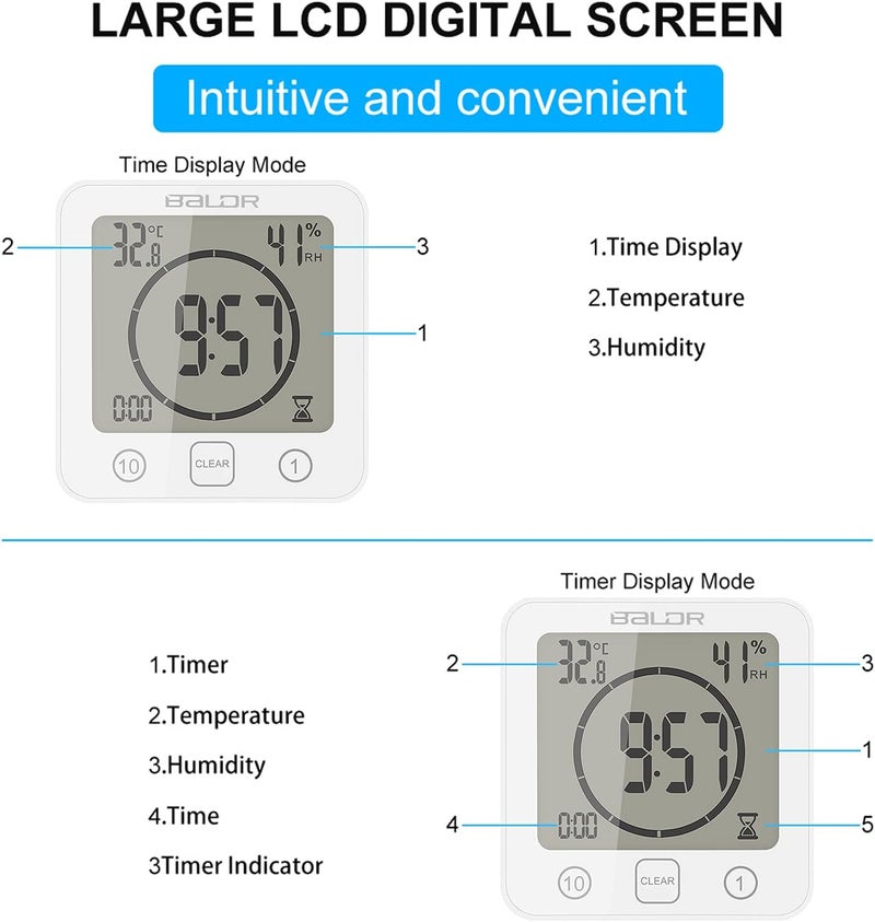 ALLOMN Waterproof Digital Shower Clock, Bathroom Wall Clock with Countdown Timer, Temperature & Humidity Display, Magnetic Back & Suction Cup for Bathroom, Kitchen, Spa - Image 5