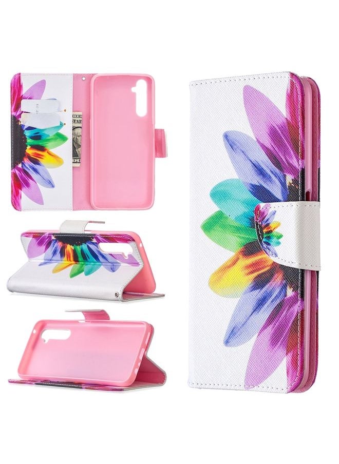 HuHa Case Cover For Realme 6 Pro Colored Drawing Pattern Horizontal Flip Leather Case with Holder & Card Slots & Wallet Sun Flower 