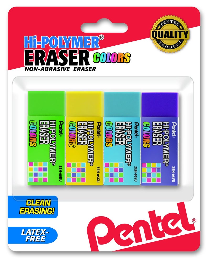 Pentel Hi-Polymer Block Eraser Small, Assorted Colors, Pack of 4 (ZEH05CRBP4M) - Image 1